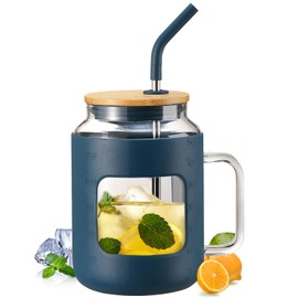WINSA - Botellas de agua de vidrio de 50 onzas con funda de silicona, vaso de vidrio con tapa y popote, taza de café helado con asa, sin BPA, color azul