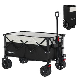 Moon Lence Collapsible Folding Wagon Cart Heavy Duty Folding Garden Portable Hand Cart with All-Terrain Beach Wheels, Adjustable Handle & Drink Holders (Black)