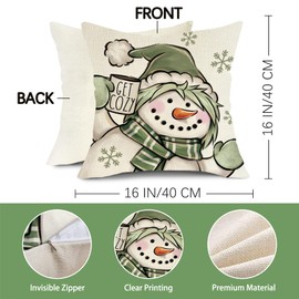 Fjfz Green Winter Snowman Decorative Throw Pillow Covers 16 x 16 Set of 4, Pine Tree Snowflake Joy Porch Outdoor Home Decor, Christmas Get Cozy Snow Seasonal Couch Cushion Case