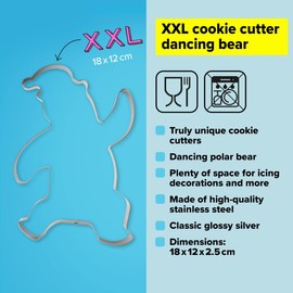 Tasty XXL Cookie Cutter, Dancing Bear Shape, for Cute, Fun and Unique Cookie Creation and Baking in Classic Glossy Silver, Dimensions: 12x18x2.5cm, Colour: Glossy Silver