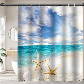 FAIRYGATE B8808 Shower Curtain Sea Shower Curtain Textile Beach 180 x 180 cm Bowl Sand Blue Sea Wave Bathroom Washable Shower Curtains Polyester Waterproof Bath Curtain for Bath with 12 Hooks