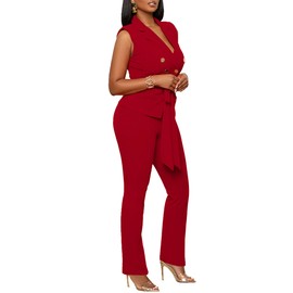 Ophestin Blazer Pants Suits for Women Dressy Sleeveless Vest with Belt Wide Leg Pants 2 Piece Outfits Business Set Casual Suiting Wine Red L