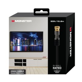 Monster 50 Foot Coaxial Cable, RG-6 Quad Shield Coaxial Cable for High-Speed Internet, TV, Duraflex Waterproof & Weatherproof Cable, UL CL2 Rating for in Wall, Outdoor, Indoor Use, Gold Plated F-Pin