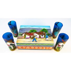 Mexican Tequila Shot Glasses Hand Painted Poncho Agave Cactus and Wood Display Box Set of 4