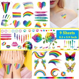 Ooopsi 140PCS Colorful Temporary Tattoos - Rainbow Lips Butterfly Rose Heart Tattoo Body Stickers - Rainbow Pride Tattoos Pride Equality Parades Celebrations (9 Sheets)