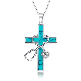 QMTIHU Stethoscope Cross Turquoise Necklace S925 Sterling Silver Moissanite Stethoscope Cross Turquoise Pendant Gift for Mother’s Day Mom