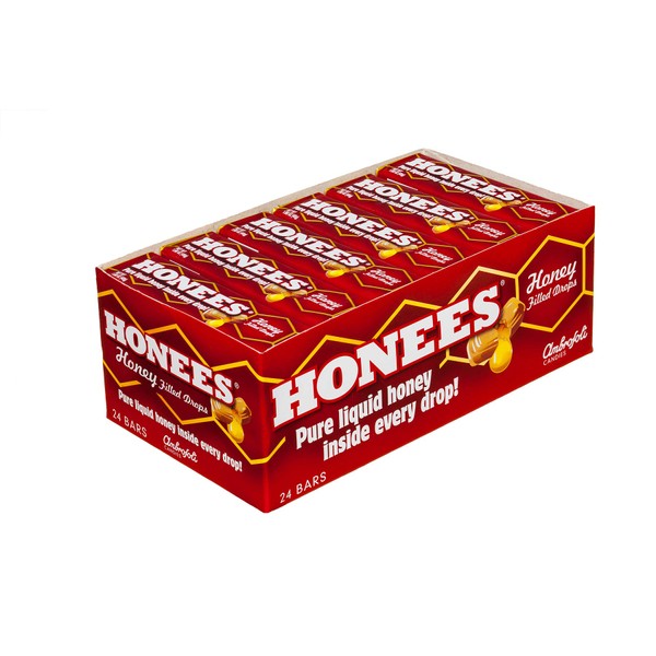 Honees Honey Filled Cough Drops - 1.6oz Bar, Pack of 24 Menthol-Free Lozenges | Temporary Relief from Cough | Soothes Sore Throat | All Natural