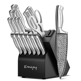 Knife Set, Emojoy 15-Pcs Kitchen Knife Set with Block and Built-in Sharpener, German High Carbon Stainless Steel Knife Block Set, Non-slip Handle, 6 Steak Knives, Sliver
