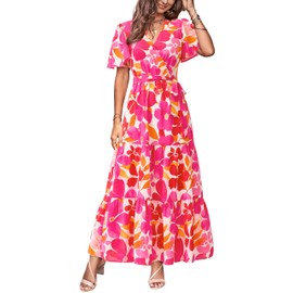 MASCOMODA Womens Summer Boho Maxi Dress Floral Wrap V Neck Flutter Short Sleeve Tie Waist A Line Tiered Flowy Long Dresses(White Pink Flower,X-Large)