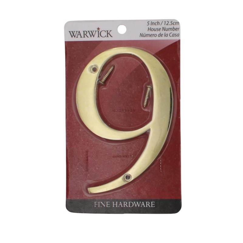 5" Polished Brass House Address Number #9, Flush Mount