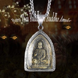 Sinymilk Thai Hipster Buddha Statue Amulet Mens Gold Buddhist Titanium Pendant Necklace, Stainless Steel Titanium