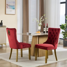 Velvet Dining Chairs Set of 2, Modern Tufted Dining Room Chair, Upholstered Dining Chairs with Lion Head Pulls Ring and Golden Solid Wood Legs, Luxury Kitchen Chairs for Dining Room, Burgundy