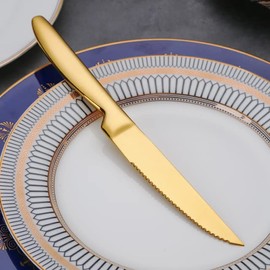 TAFAAL Stainless Steel Steak Knives, Corrosion Resistant, Serrated Sharp Blade, Stainless Steel Handle, Kitchen Table Knife (Gold-6)