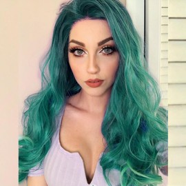 AFBeauty Green Lace Front Wigs Long Wavy Hair Green Wig Glueless Heat Resistant Fiber Hair Synthetic Lace Front Wigs for Fashion Women 24 Inch Cosplay Frontal Lace Wig