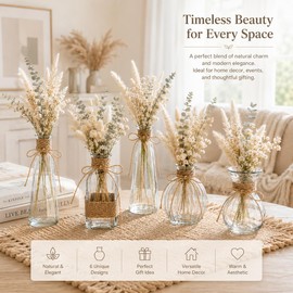 Glass Bud Vases Set of 6 for Flowers, Clear Small Vases with Jute Rope, Rustic Farmhouse Boho Decor, Mini Flower Vase Set for Wedding Centerpieces, Dining Table, Shelf & Home Decor (6, Clear)