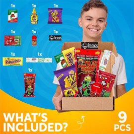 Chamoy Pickle Kit by CHRONOS 9 Piece Kit includes Alamo Big Tex Chamoy pickle, Skwinkles Watermelon Flavor, Lucas Gusano (tamarind), Lucas Polvos (chamoy), Tajin Packet, Fruit Roll Up, Tamarind Pulp Candy, Takis Fuego and Chronos Magnet