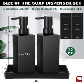 GMISUN Kitchen Soap Dispenser Set, Hand and Dish Soap Dispensers, 12 fl oz/350 ml Black Soap Dispenser with Tray, Glass Dish Dispenser for Kitchen, Liquid Hand Soap and Lotion Bottle Set for Bathroom