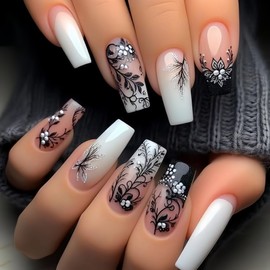 24 Pcs Press on Nails Long Square Nails Acrylic Black White Gradient Flower Design French Tip Fake Nails Classic Glue on Nails Full Cover Gel French False Nails for Artificial Women DIY Manicure