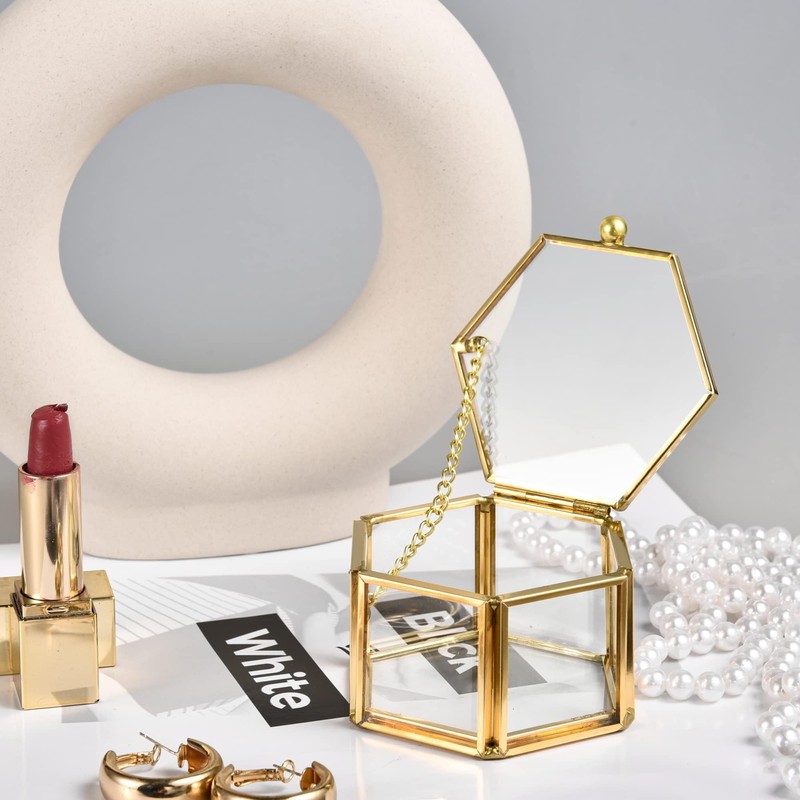 Feyarl ジュエリーボックス ジュエリー入れ リングピロー ジュエリー収納 ガラスボックス 六角形 ゴールド 7.5cm