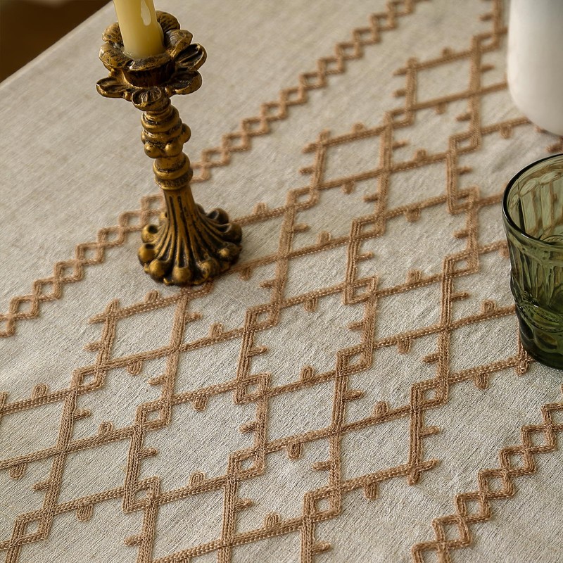 LOHUT Thick Linen Embroidered Checkered Tablecloth, Bohe Style Dining Tablecloth,