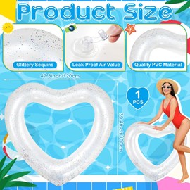 Heart-shaped Swimming Ring, 120 cm Inflatable Swimming Rings, Air Mattress, Swimming Hoop, Adult Swimming Hoop for Pool, Sand, Beach Party (White)