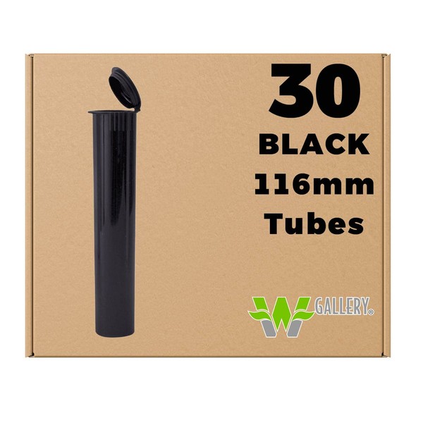 W Gallery 30 Black 116mm Tubes, Pop Top Joint Is Open, Smell-Proof Pre-Roll Blunt J Oil-Cartridge BPA-Free Plastic Container Holder Vial fits RAW Cones 110mm 109mm King Lean 98 Special, 120mm