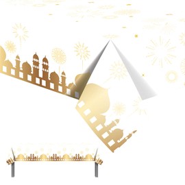 White Eid Tablecloth Party, 130 x 220 cm, Large Eid Ramadan Mubarak Decorations, Tablecloths Moon and Star, Rectangular Tablecloth, Plastic Tablecloth for Home, Eid Mubarak, Islam, Muslim Party