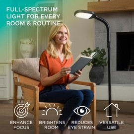 Verilux SmartLight Full Spectrum LED Modern Floor Lamp with Adjustable Brightness, Flexible Gooseneck and Easy Controls - Reduces Eye Strain and Fatigue - Ideal for Reading, Artists, Craft (Black)
