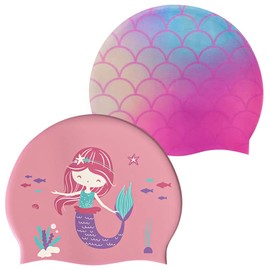 2Pcs Kids Swim Cap Silicone Swimming Cap for Boys Girls Age 3-8 Cover Ear Cartoon Waterproof Bathing Caps Keep Hair Dry Swimming Hat for Long and Short Hair