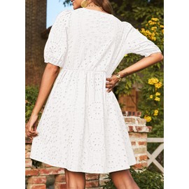 Dokotoo White Dress Women 2025 Fashion V Neck Embroidered Summer Dress Elegant Hollow Out Eyelet Tie Front Cotton Dress Short Sleeve Casual A Line Mini Dresses X-Large