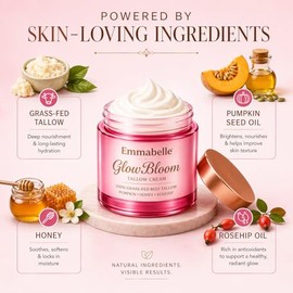 Emmabelle Beef Tallow for face Whipped-Texture 100% Grass-Fed beef Tallow balm with Pumpkin Seed Oil, Honey, Rosehip & Mild Vanilla | Deep Hydration for Dry & Sensitive Skin. Free spatula. 4oz