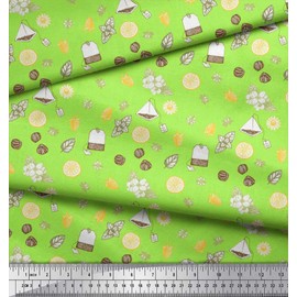 Soimoi Green Silk Fabric Tea Bag,Star Anise & Lemon Slice Vegetable Print Sewing Fabric metre 42 Inch Wide