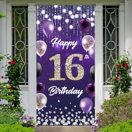 Happy 16th Birthday Backdrop Banner Purple Theme Background with Shiny Diamond Noble Elegant Birthday Party Photo Photography Prop Booth Door Background for Boys Girls Celebration 35.4x72.8in-BECKTEN