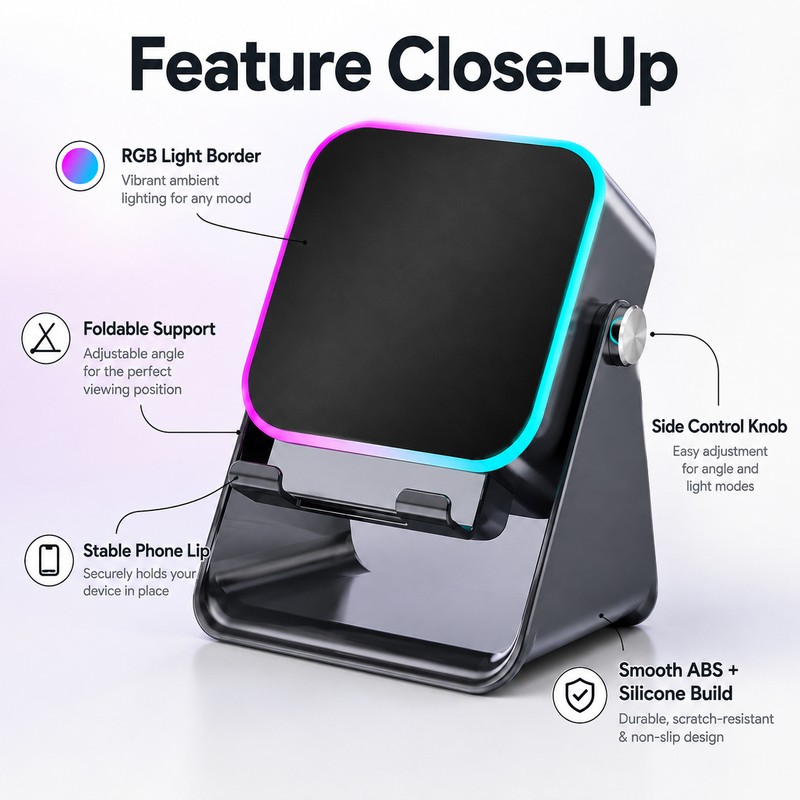 Foldable Phone Stand with Induction Speaker & Light – 5000mAh