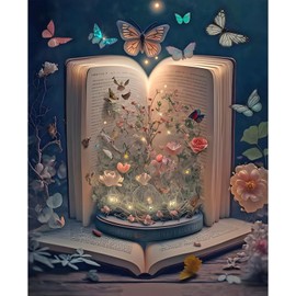 HEIBAGO 5D Diamond Painting Kits for Adults, Butterfly in Book Diamond Art Kits for Kids Beginners, Full Drill Round Flowers Diamond Dots Animal Painting Craft for Home Art Decor 30x40cm