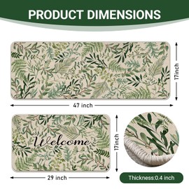 Livcoz Welcome Green Leaves Botanical Kitchen Rugs Set of 2, Natural Plant Flower Greenery Floor Mats Home Decor, Spring Summer Door Mat Decorations - 17x29 and 17x47 Inches