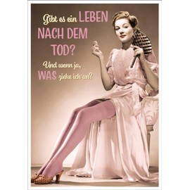 Gutsch Verlag Funny Postcard with Vintage Lady and Saying 'Ggibt es ein Leben nach dem Tod? Und wenn ja, WAS ziehe ich an?' - Humorous Postcard for Friends & Family, Funny Gift Idea