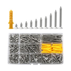M4 Flat Head Self Tapping Screws,380 Pcs Metal Countersunk Head Cross Wood Screw,Expansion Wall Plug Assortment Kit,Stainless Steel Self Drilling Screw(8/10/12/14/16/18/20/25/30/ 35mm) (Silver)