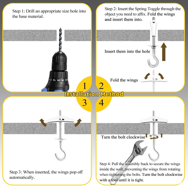 1/5" Heavy Duty Hook Toggle Bolts Set - 16 Packs