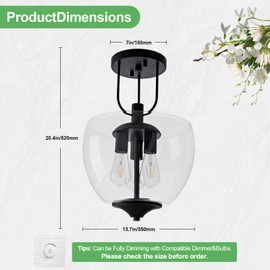 BOJUE Semi Flush Mount Ceiling Light Fixture 13.77 Inch, Black Entryway Light Fixture with Clear Glass Shade, Ceiling Light Fixtures for Hallway Industrial Dining Room Bathroom