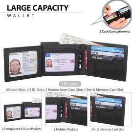 STARHIDE Mens Designer RFID Blocking Genuine Distressed Hunter Leather Trifold Wallet Purse Credit Debit ID Card Holder 1145 (Matt Black)