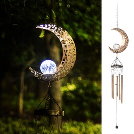 Asense Moon Wind Chimes with Crackle Glass Ball Solar Powered LED Lights, Outdoor Garden Decor, Lawn Yard Patio Decoration, Unique Hanging Decor Gifts