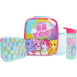 Get Trend Care Bears Children's Lunch Bag Set of 3 with Water Bottle, Lunch Box with Compartments, Insulated Snack Bag, for School, Nursery, Preschool (Multi Care Bears)