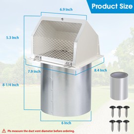 6 Inch Hooded Wall Vent with Screen and Damper,Dryer Vent Cover Outside 6" Vent Cover Exterior Vent Hood Wall Exhaust Vent Cover Cap for Kitchen Exhaust/Range Hood/Outdoor Air Vent,Galvanized Steel