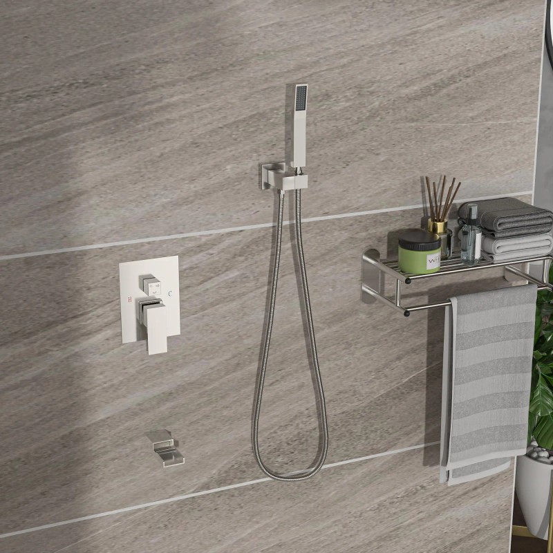 Brushed Nickel 12-Inch Ceiling Mount Square Shower System Waterfall Tub