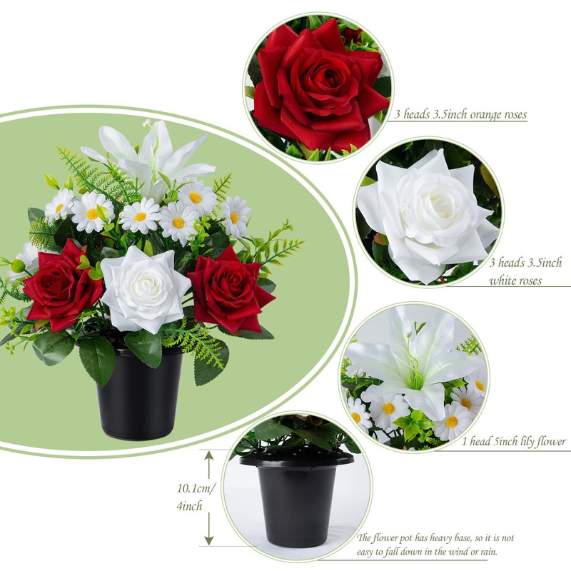Kukooka Artificial Grave Flowers in Pots, Artificial Rose Lily Daisy