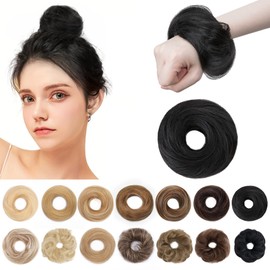 SEGO Human Hair Messy Bun Hair Piece Scrunchies Real Human Hair Natural Wavy Smoothed Updo Hairpieces Donut Chignon Ponytail Extensions for Women Girls /1 Jet Black