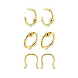 PiercingJak 16G Nose Piercing Fake Piercing Rings 8 mm Lip Piercing Gold Silver Stainless Steel Fake Nose Hoop Septum Helix Earrings Punk Jewellery Unisex, 3 Pairs, Stainless Steel