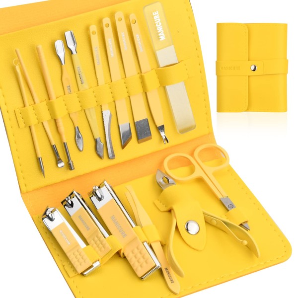 Manicure Set for Men and Women, 16-Piece Nail Clippers Set with PU Leather Case, Stainless Steel Nail Set, Pedicure Kit, Professional Nail Care Tools for Home, Travel (Yellow)