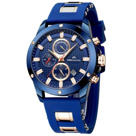 MEGALITH Mens Watches Chronograph Waterproof Watches for Men Blue Face Analogue Wrist Watches Designer Gents Watches Rubber Quartz Luminous Date